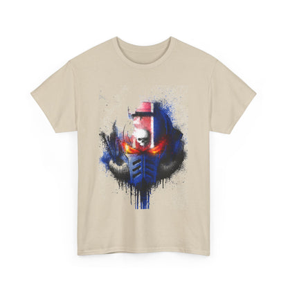 Sophisticated graphic t-shirt in a neutral tone, highlighting a detailed helmet illustration with glowing red eyes, artistically splattered for a modern and edgy aesthetic, ideal for stylish urban wear.