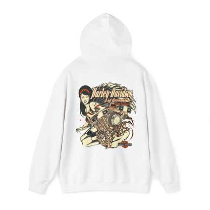 Sophisticated white Harley-Davidson hoodie adorned with a striking back print of a motorcycle engine and a stylish lady, perfect for contemporary road adventurers.