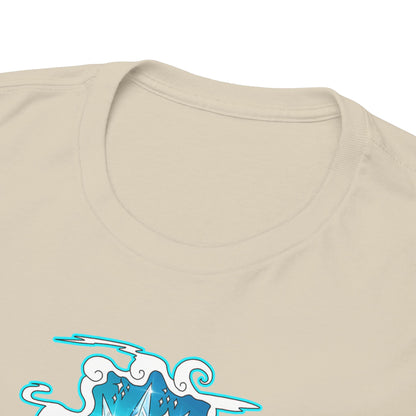 Close-up of a luxurious beige t-shirt collar showcasing intricate marine-inspired graphic design in blue, perfect for stylish anime lovers seeking unique apparel.