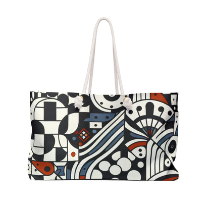Andrea Bellecci Weekender Bag featuring a modern design with checkerboard motifs on a vibrant white canvas, showcasing striking abstract patterns in black, red, and blue, perfect for stylish travel adventures.