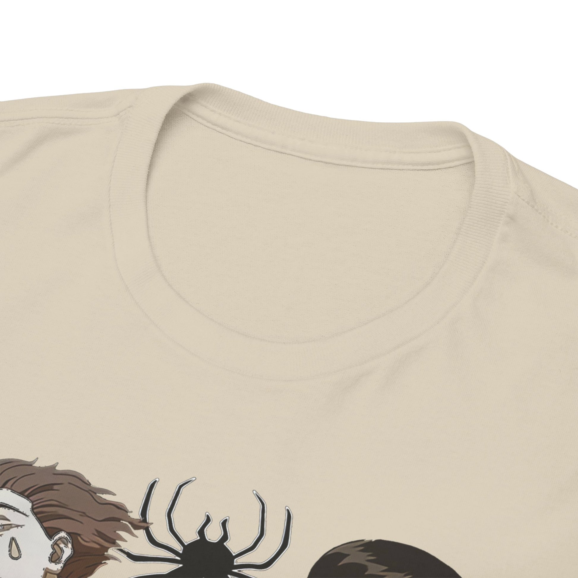 Close-up of the neckline of the high-quality Phantom Troupe Hunter x Hunter t-shirt, highlighting the premium fabric and meticulous craftsmanship.