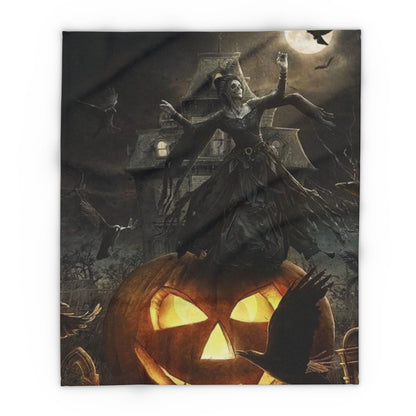 Decorative and Warm Halloween Spooky Arctic Fleece Blanket showcasing a dramatic portrayal of a spectral figure above a luminous pumpkin, surrounded by bats and an eerie landscape.