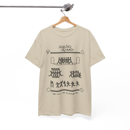 Chic beige t-shirt with a captivating Squid Game graphic, artistically displayed on a hanger, embodying both comfort and contemporary style.