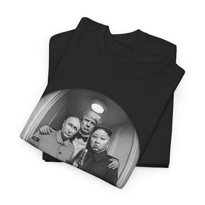 Elegant black graphic t-shirt with a distinctive humorous depiction of world leaders, crafted for those with a taste for satire and contemporary fashion.