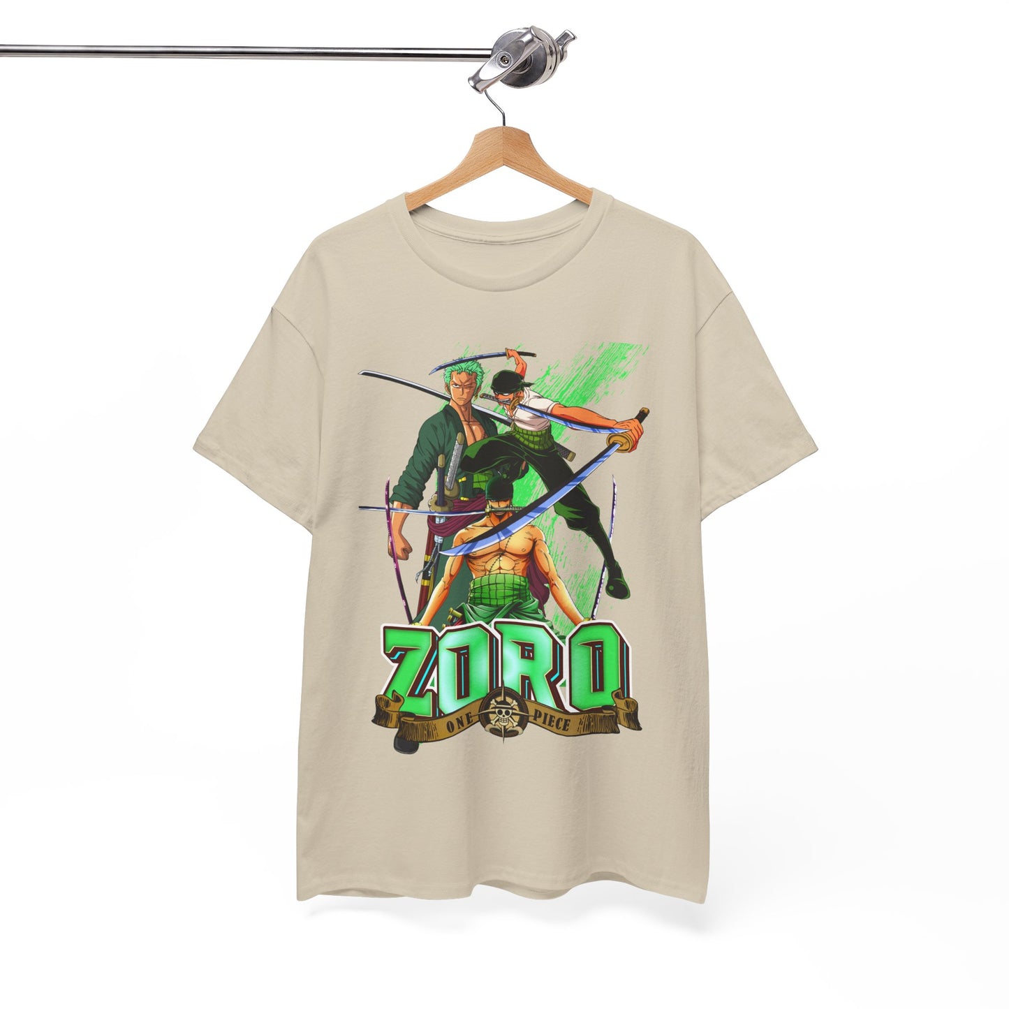 Stylish One Piece YONKO T-shirt displayed on a hanger, featuring vibrant illustrations of beloved characters, ideal for anime fans.