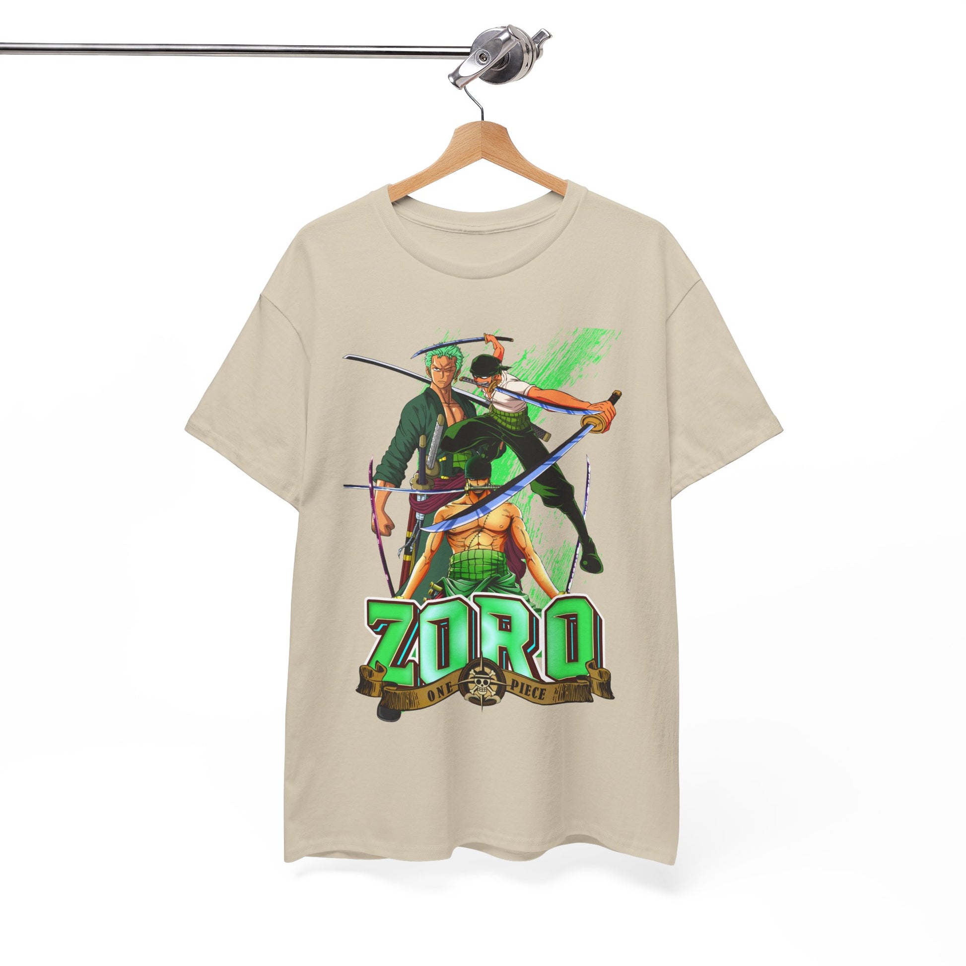 Stylish One Piece YONKO T-shirt displayed on a hanger, featuring vibrant illustrations of beloved characters, ideal for anime fans.