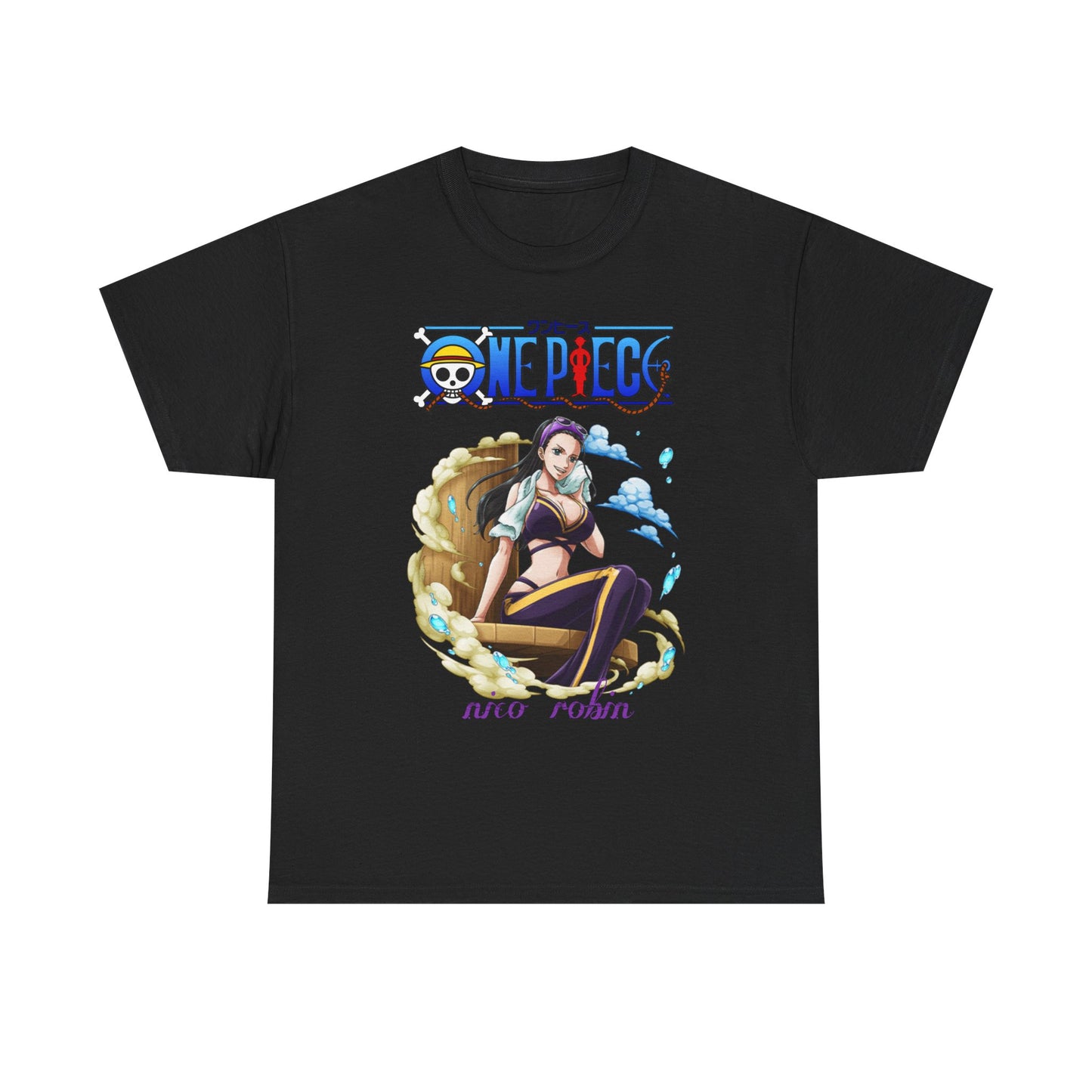 Chic black t-shirt displaying a stunning image of Nico Robin from One Piece, with artistic flair and a modern luxury style.