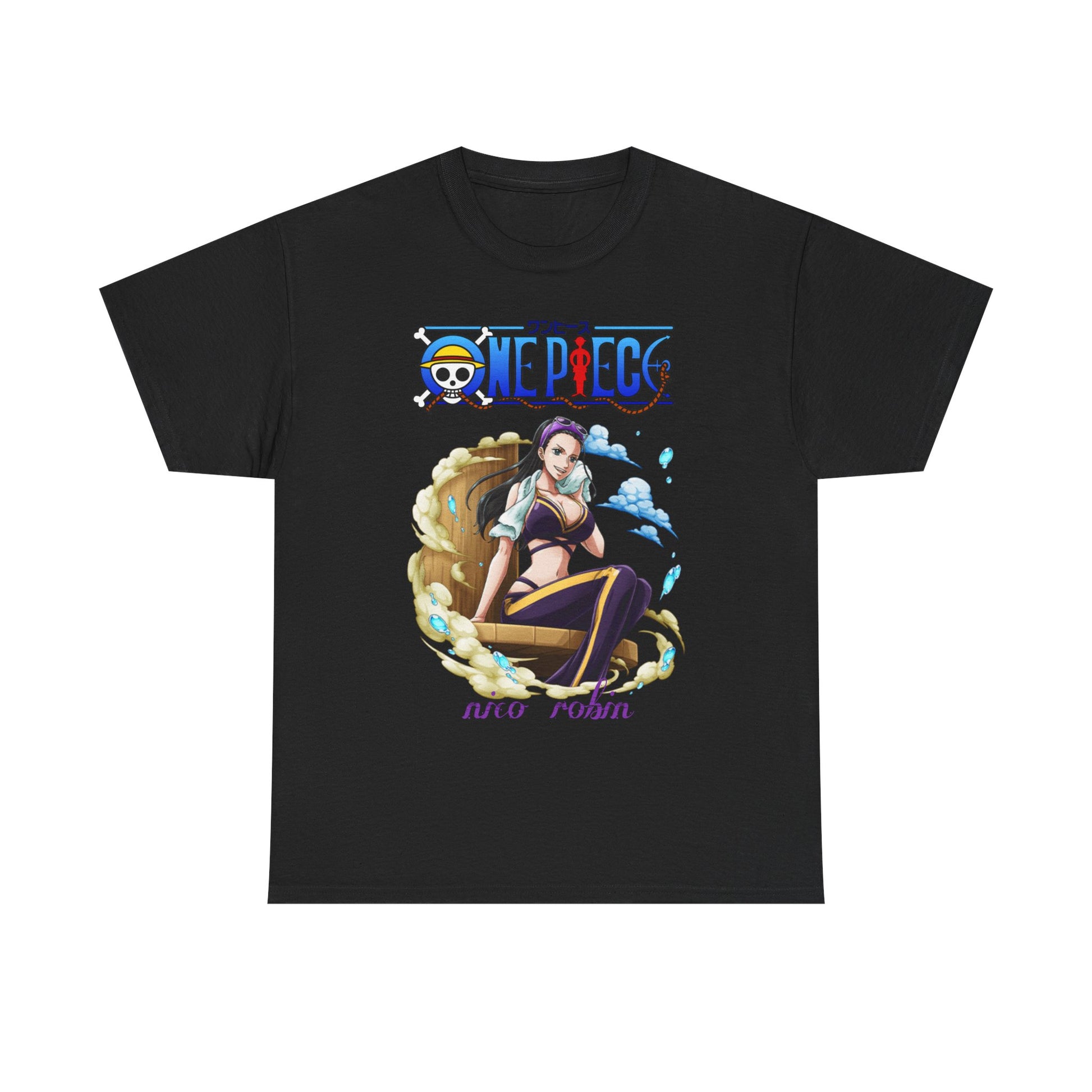 Chic black t-shirt displaying a stunning image of Nico Robin from One Piece, with artistic flair and a modern luxury style.