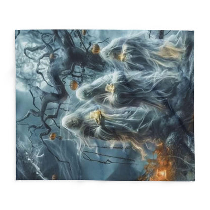 Decorative and Warm Halloween Spooky Arctic Fleece Blanket featuring ghostly figures among twisted trees, perfect for adding a luxurious touch to your Halloween décor.