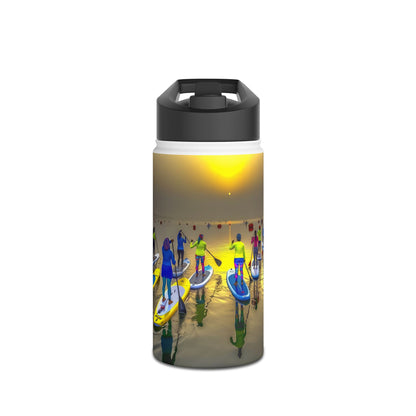 Fantasy Paddleboarding Stainless Steel Water Bottle showcasing a vibrant sunset scene with paddleboarders on calm water, blending elegance and adventure.