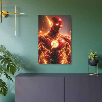 The Flash Metal Art Poster in a sophisticated setting, enhancing the ambiance with its vibrant design. Ideal for luxury home decor and comic art enthusiasts.