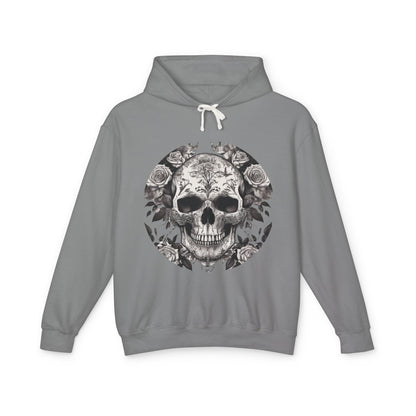 Front view of a Unisex Lightweight Hooded Sweatshirt highlighting a striking skull and roses design, perfect for stylish individual expression.