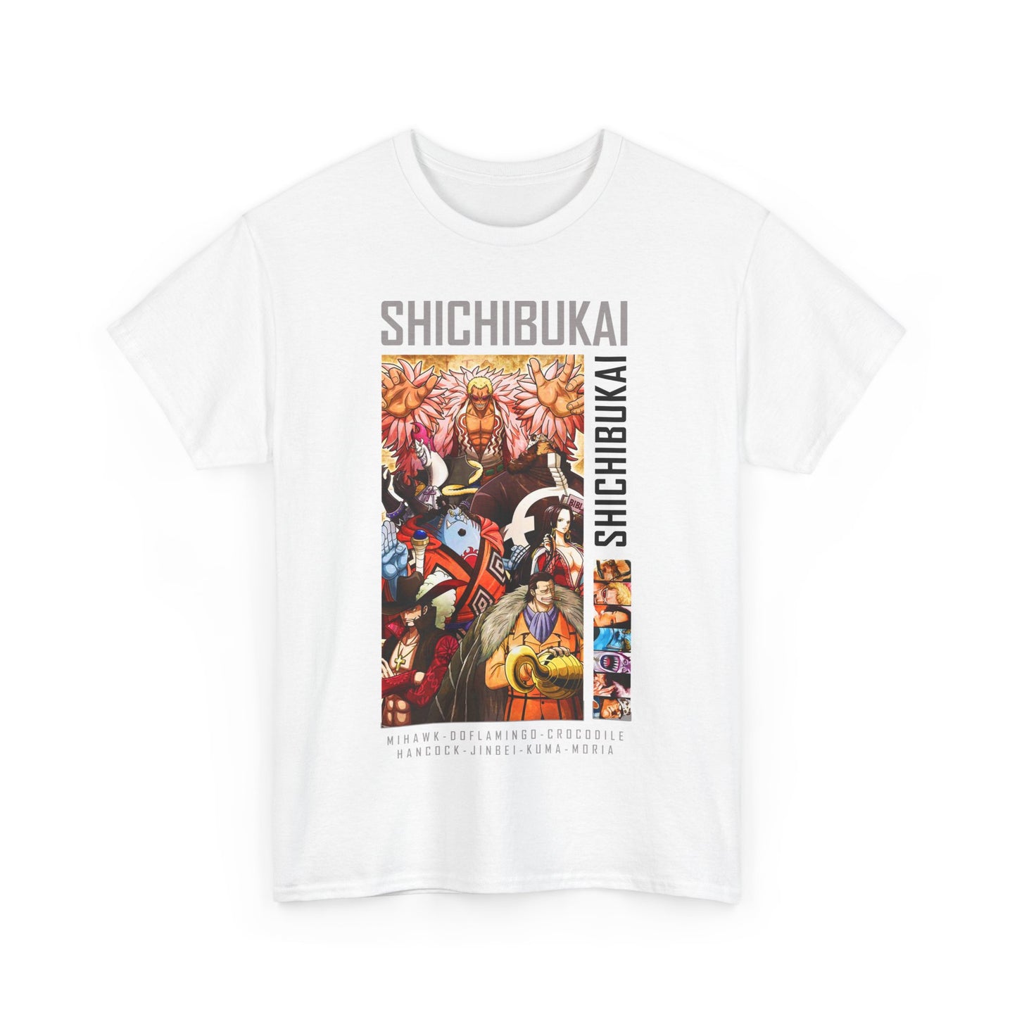 Chic front view of a white men's Shichibukai t-shirt, elegantly displaying anime graphics celebrating beloved characters.