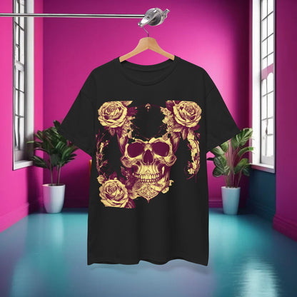 Skulls and Roses Cotton Tee, unisex graphic shirt in black displayed on a hanger in a luxurious setting, featuring intricate skull and rose designs.