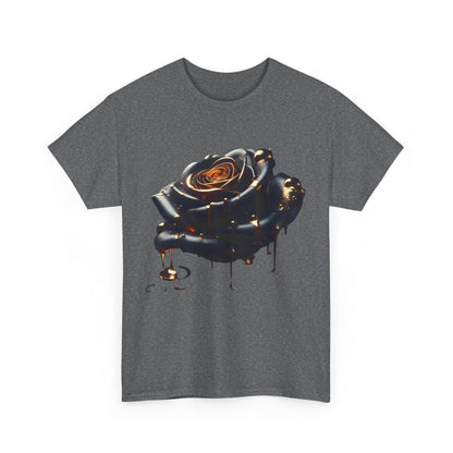 Front view of the Close-Up Abstract Rose Unisex Cotton Tee Graphic T Shirt in dark heather grey, displaying an artistic rose design with copper liquid details.