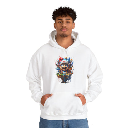 Chic Unisex Computer Game Graphic Lightweight Hooded Sweatshirt worn by a young adult model, featuring an artistic print inspired by gaming culture, merging style and comfort in luxury fashion.