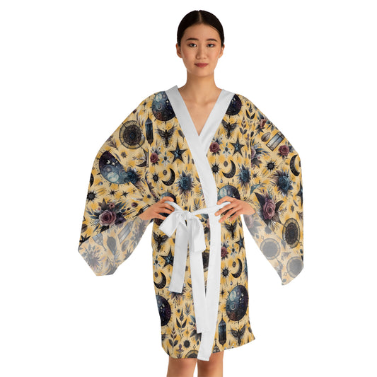 Stylish Floral Kimono Robe for women in a vibrant cosmic pattern, ideal for boho chic bathrobe experience.