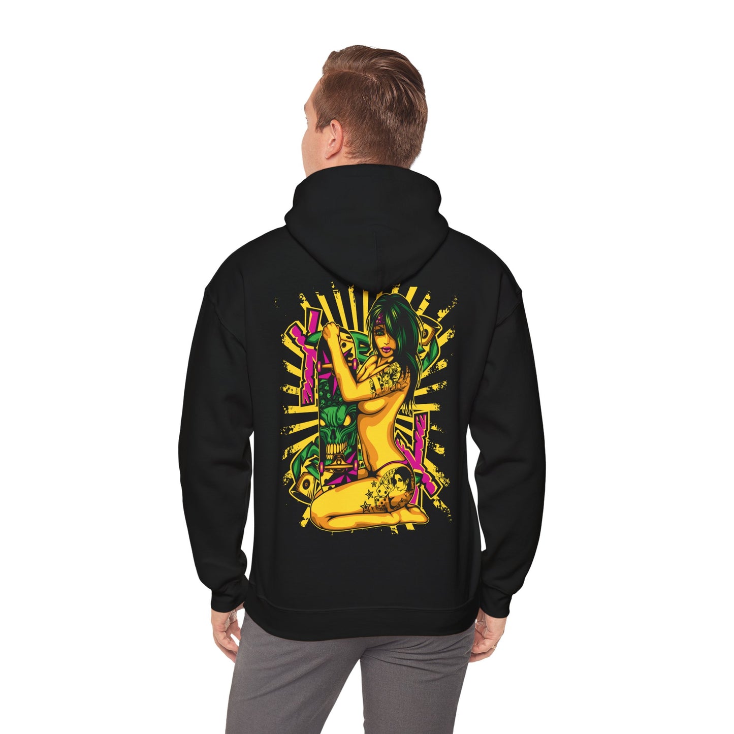 Back view of a stunning black hoodie featuring a vibrant pop art illustration of a stylish woman with skateboard, embodying bold artistic flair.