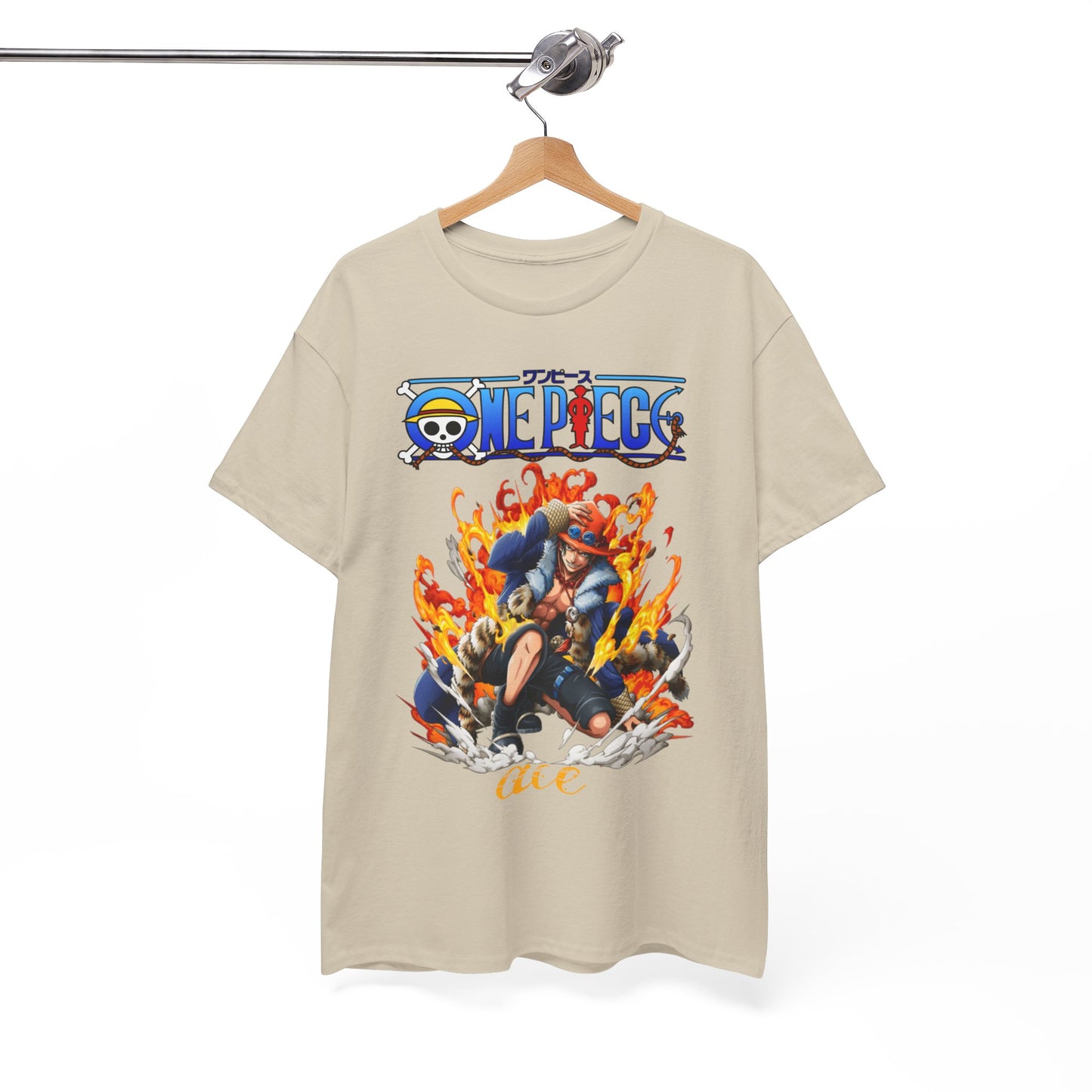 Sophisticated beige men's T-shirt elegantly hanging, showcasing a dynamic One Piece design with a character amidst flames, perfect for adding flair to casual attire.