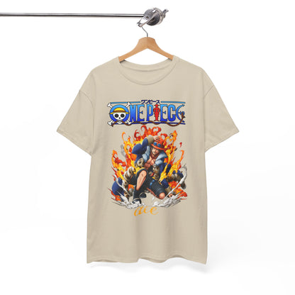 Sophisticated beige men's T-shirt elegantly hanging, showcasing a dynamic One Piece design with a character amidst flames, perfect for adding flair to casual attire.