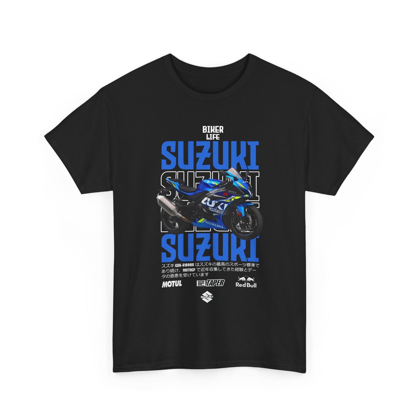 Stylish black men's T-shirt featuring a bold graphic of the Suzuki GSX-R1000 motorcycle, complemented by the phrase 'BIKER LIFE' in striking typography, ideal for motorcycle enthusiasts.