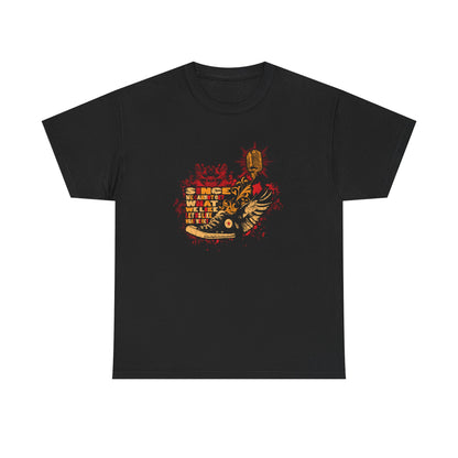 Luxury black grunge-inspired men's t-shirt featuring vibrant artistic graphic design of sneakers and a vintage microphone, with the thought-provoking phrase 'SINCE WE CANNOT GET WHAT WE LIKE; LET US LIKE WHAT WE GET' emblazoned in warm tones.