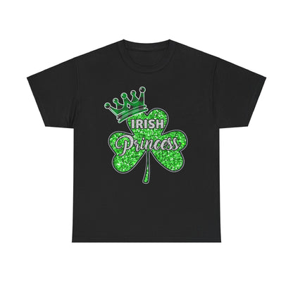 Elegant St. Patrick’s Day Women's Graphic Cotton Tee showcasing a glittery shamrock and crown, perfect for a stylish Irish princess look.
