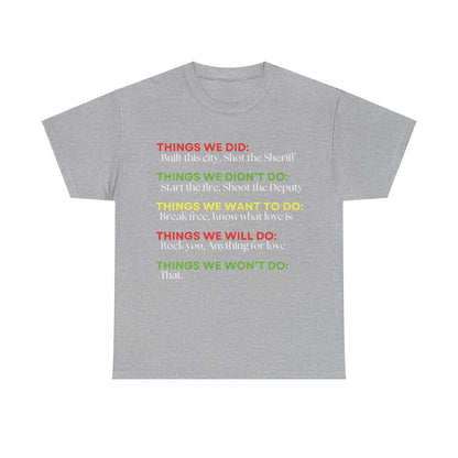 Rock Anthems Tribute Unisex Cotton T-Shirt Graphic Tee in classic grey with multi-coloured typography showcasing rock-themed phrases.