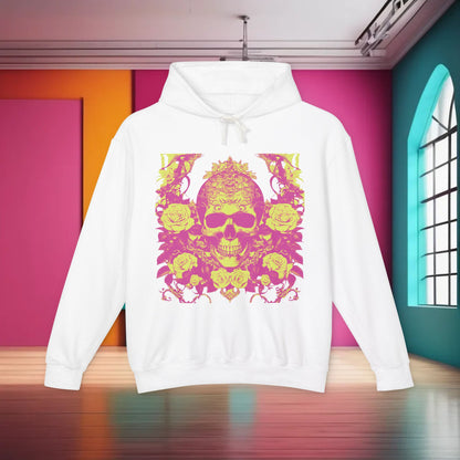 Luxurious Unisex Lightweight Hooded Sweatshirt in white, showcasing a unique designer skull and roses graphic, set against a vibrant interior background. Ideal for those who wish to stand out.