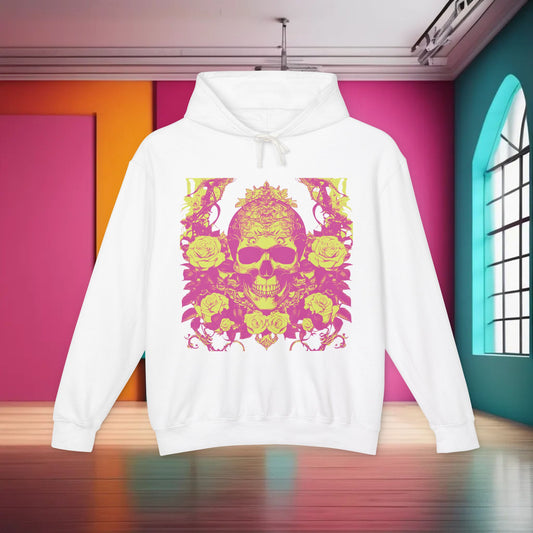 Luxurious Unisex Lightweight Hooded Sweatshirt in white, showcasing a unique designer skull and roses graphic, set against a vibrant interior background. Ideal for those who wish to stand out.