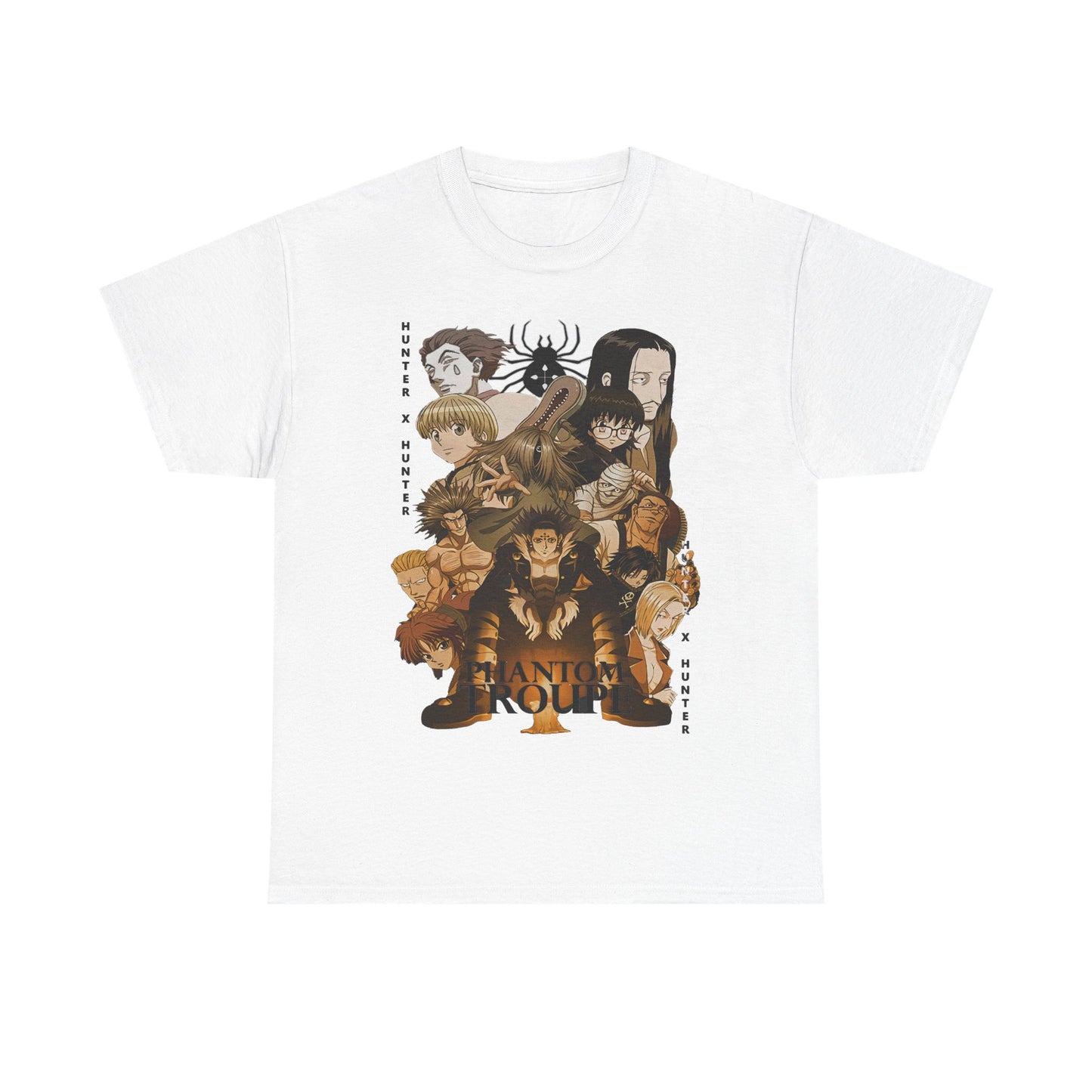 Elegant white Phantom Troupe graphic t-shirt showcasing vibrant character designs from Hunter x Hunter, a must-have for anime fans who appreciate artistic flair.