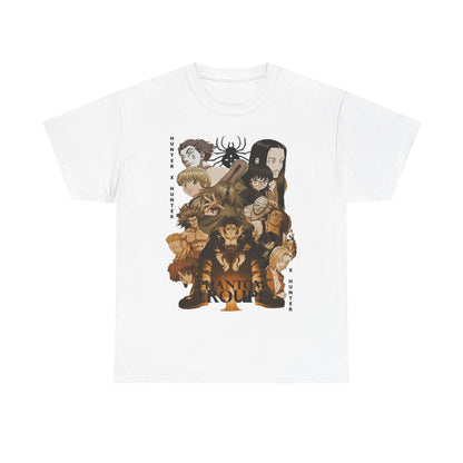 Elegant white Phantom Troupe graphic t-shirt showcasing vibrant character designs from Hunter x Hunter, a must-have for anime fans who appreciate artistic flair.