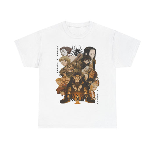 Elegant white Phantom Troupe graphic t-shirt showcasing vibrant character designs from Hunter x Hunter, a must-have for anime fans who appreciate artistic flair.