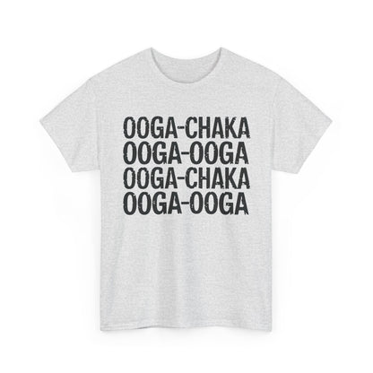 Sophisticated light grey graphic t-shirt featuring 'OOGA-CHAKA OOGA-OOGA' text, designed for a fashionable look, part of the 'Hooked On a Feeling Graphic T-Shirt Urban Unisex Cotton Tee' collection.