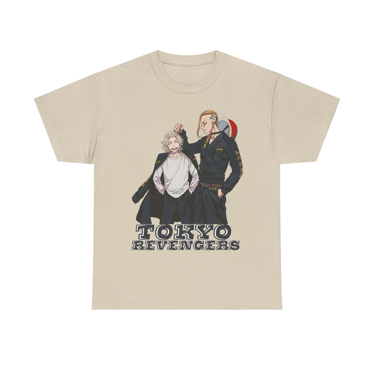 Chic Tokyo Revengers anime men's t-shirt in beige, showcasing an eye-catching graphic of captivating characters and 'Tokyo Revengers' text, perfect for fans who appreciate sophisticated style.