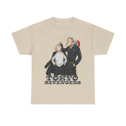 Chic Tokyo Revengers anime men's t-shirt in beige, showcasing an eye-catching graphic of captivating characters and 'Tokyo Revengers' text, perfect for fans who appreciate sophisticated style.