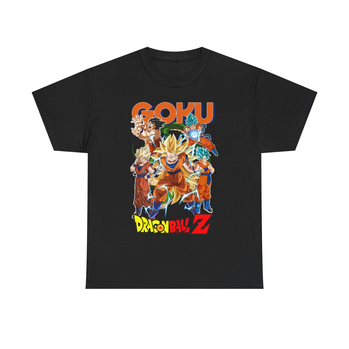 Refined GOKU Power Surge T-Shirt in classic black, showcasing a captivating Dragon Ball Z design with Goku and allies, an ideal choice for sophisticated anime fans.