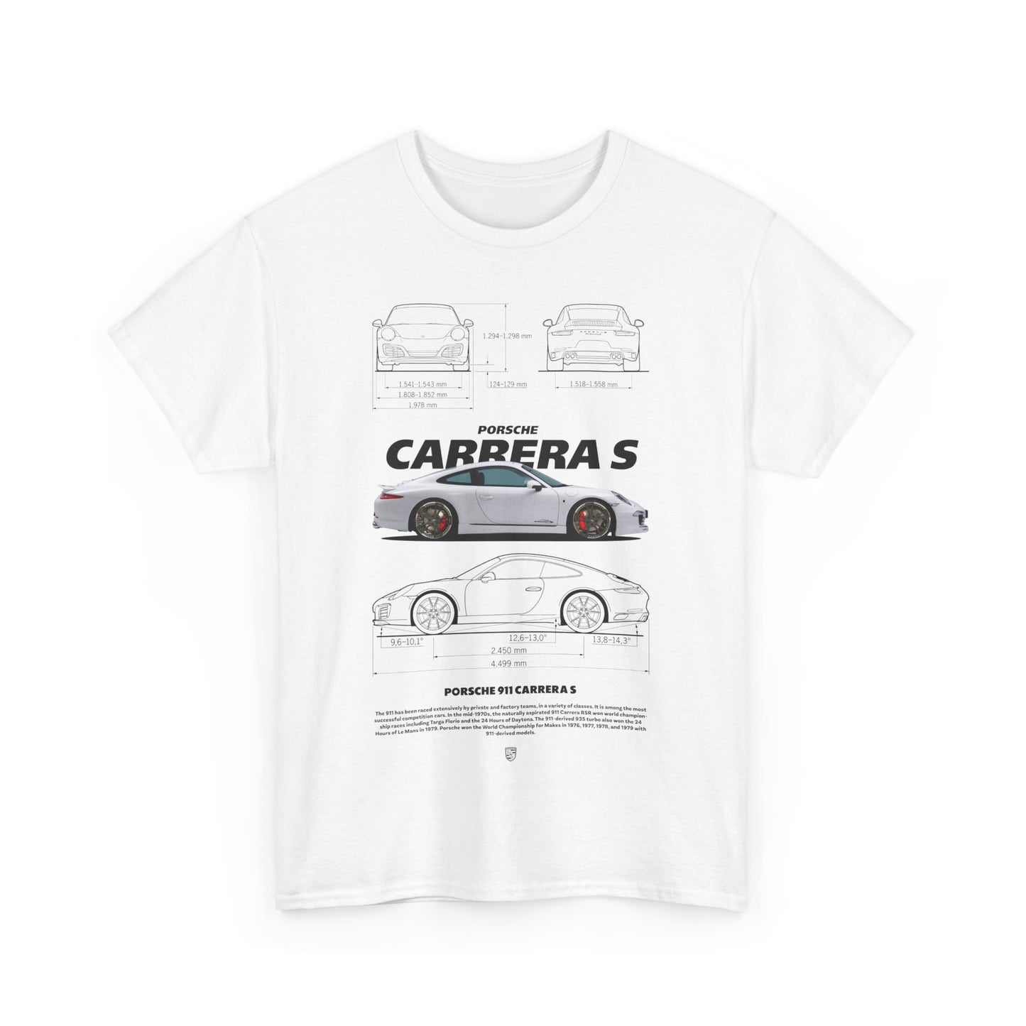 Luxury Porsche 911 Carrera S men's T-shirt featuring detailed technical illustrations, showcasing the design from multiple angles on a pristine white background.