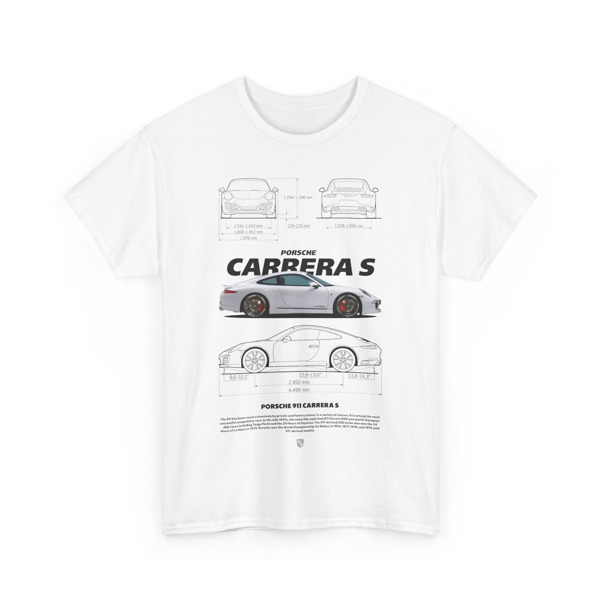 Luxury Porsche 911 Carrera S men's T-shirt featuring detailed technical illustrations, showcasing the design from multiple angles on a pristine white background.