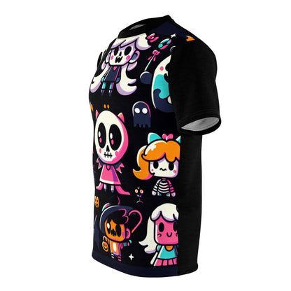 The Spooky Playtime Tee displayed on a stylish model, highlighting its elegant fit and unique design by Dazzling Dreams Studio, perfect for those who appreciate luxurious fashion.