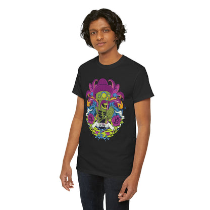 Luxury black t-shirt featuring a vibrant skeleton design adorned with octopus and koi fish accents, perfect for making a bold fashion statement.
