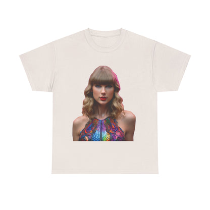 Chic Swifties Psychedelic Taylor Swift Heavy Cotton Tee in a sophisticated off-white shade, adorned with an eye-catching graphic of Taylor Swift, ideal for those wanting to express their fandom with style.