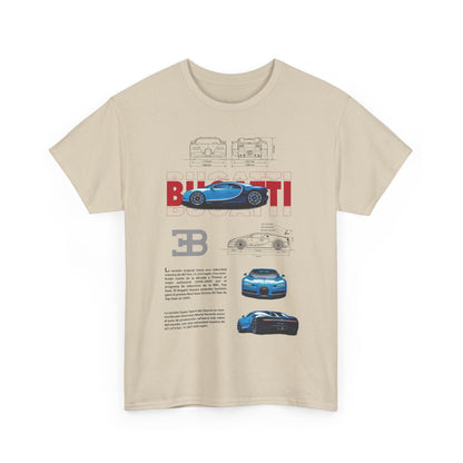 Luxury Bugatti Chiron men's t-shirt showcasing iconic design with technical drawings and high-resolution imagery of the supercar, perfect for automotive enthusiasts.