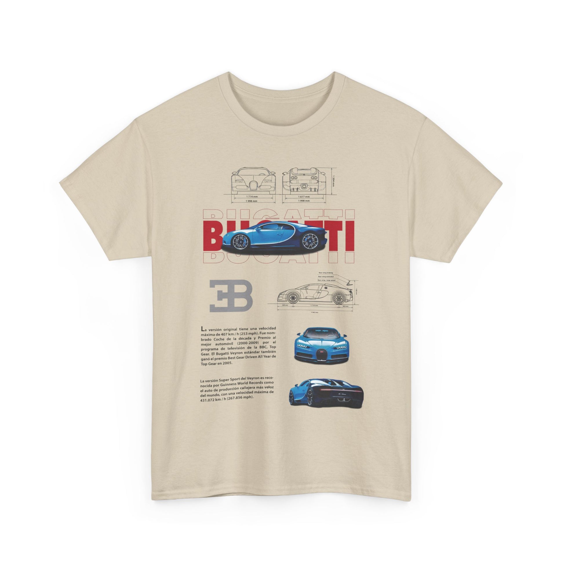 Sophisticated beige t-shirt displaying detailed Bugatti Chiron graphics and specifications, ideal for those who appreciate automotive excellence.