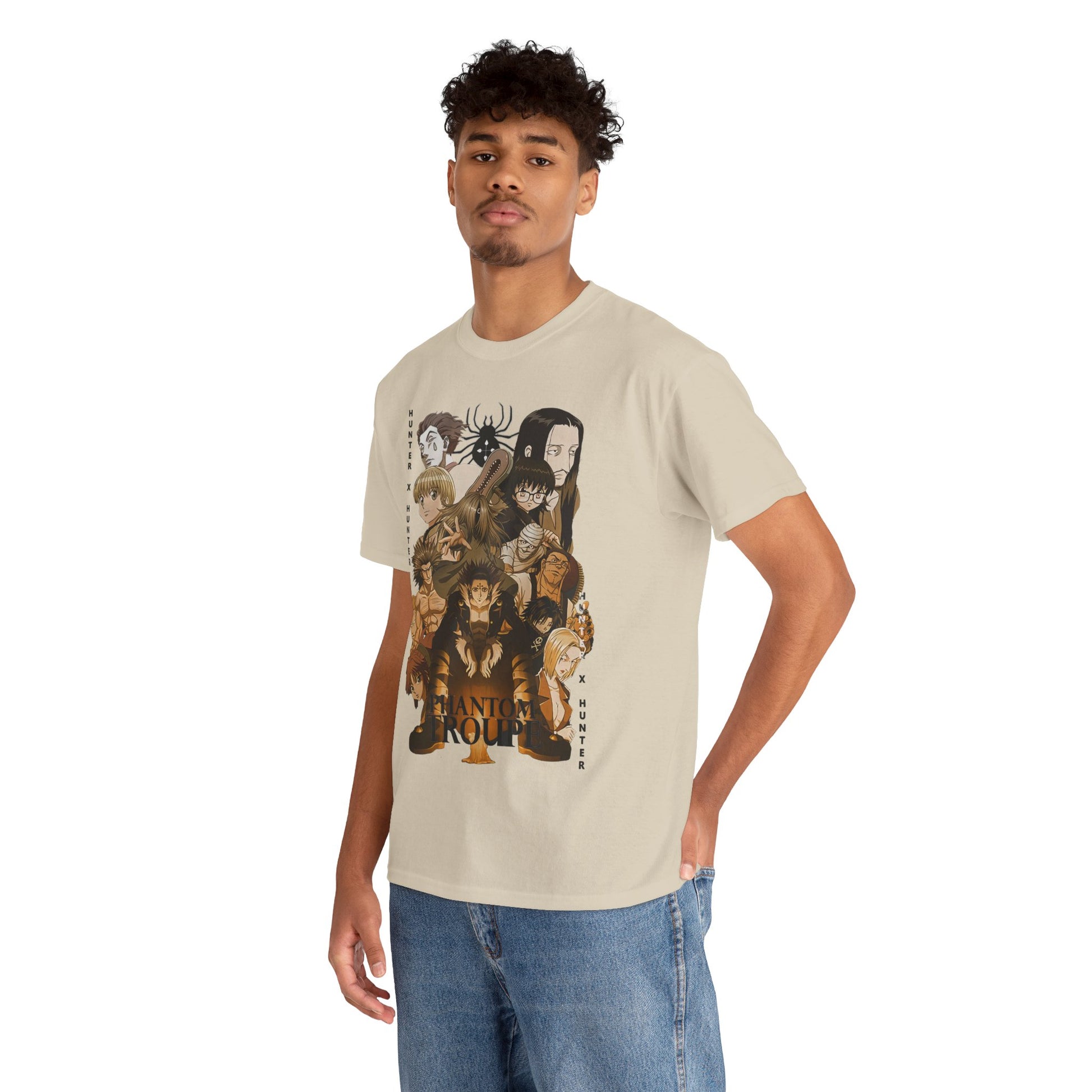 Model wearing the ornate Phantom Troupe Hunter x Hunter t-shirt, exuding elegance with a casual vibe, featuring a stunning array of characters.