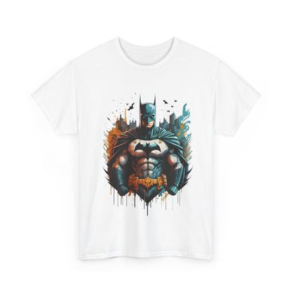 Stylised Batman illustration on the front of the Unleash the Power of Gotham: Batman Graphic Unisex Graphic Tee Shirt, featuring vibrant colours against a white background.