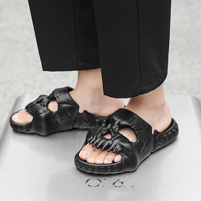 Elegant black personalized skull design Halloween slippers, perfect for stylish beach days and casual home wear, merging comfort and quirky fashion.