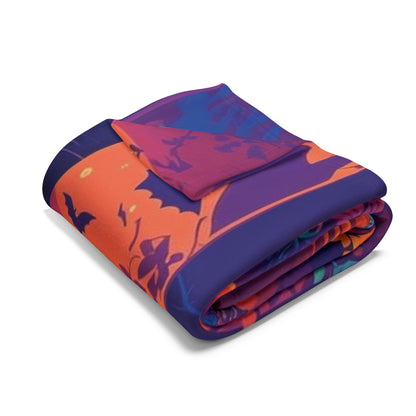 Folded Decorative and Warm Halloween Spooky Arctic Fleece Blanket, highlighting its vibrant autumn colours and festive Halloween design.