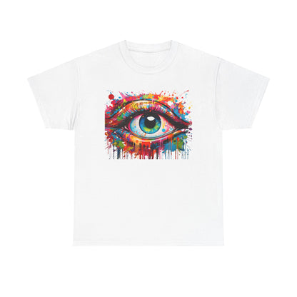 Visionary Drip Luxe T-Shirt showcasing a colourful eye graphic on a pristine white canvas, embodying creativity and eclectic style.
