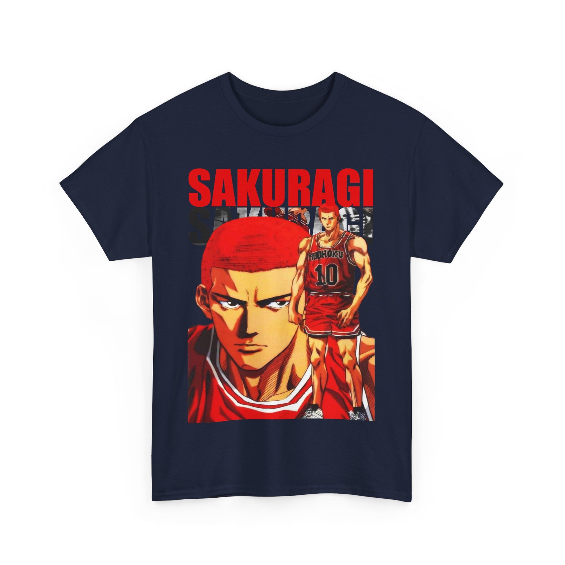 Stylish navy T-shirt featuring a dynamic design of Sakuragi from Slam Dunk, showcasing vibrant colours and intricate anime artistry.